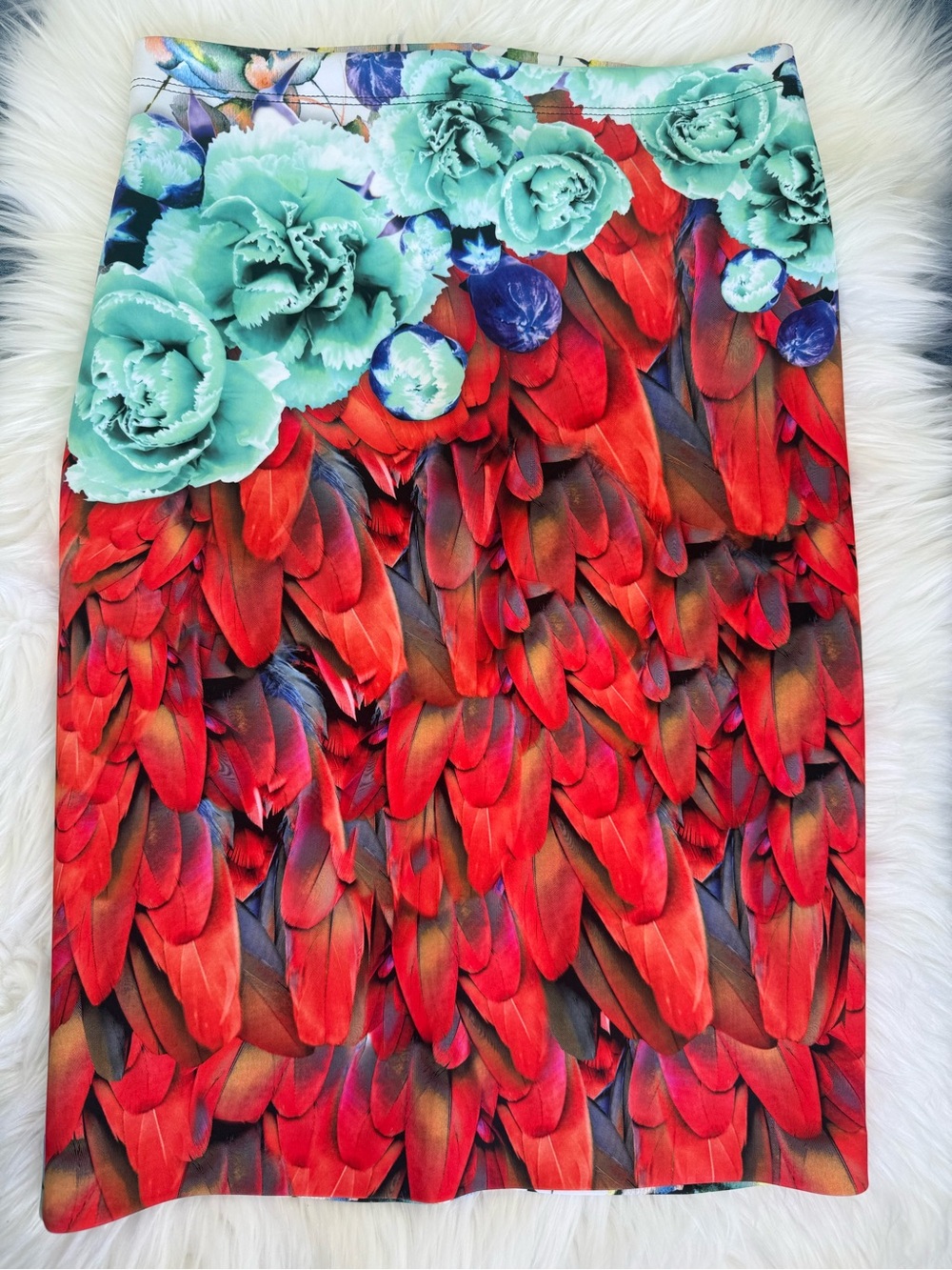 EUC Sz M Clover Canyon Red Turquoise Feathers Floral Pencil Skirt